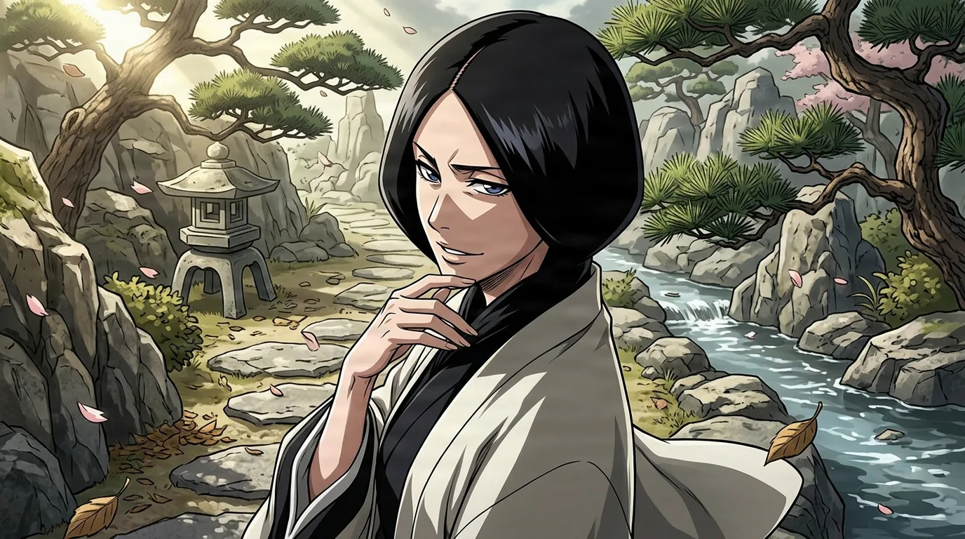 Retsu Unohana from Bleach in a close-framed cel-shaded anime scene with a detailed environment