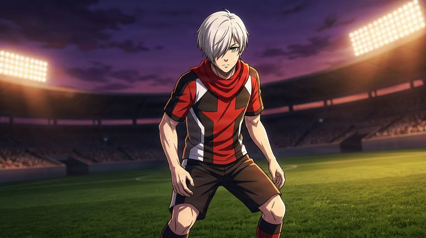 Anime-style portrait of Ashime Suzuki from Blue Lock, cel-shaded, soccer atmosphere