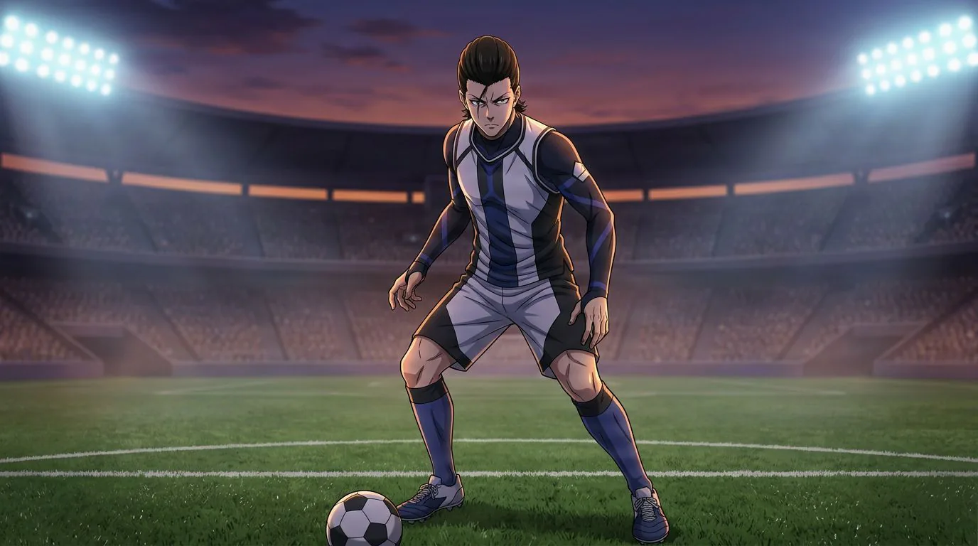 Anime-style portrait of Burai Daido from Blue Lock, cel-shaded, soccer atmosphere