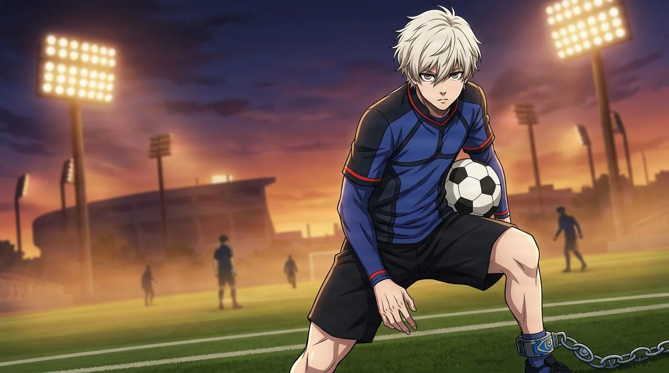 Retrato estilo anime de Charles Chevalier de Blue Lock, con sombreado cel, ambiente futbolístico
