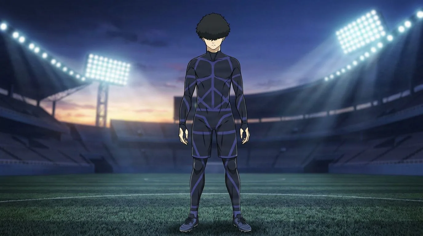 Anime-style portrait of Ikki Niko from Blue Lock, cel-shaded, soccer atmosphere