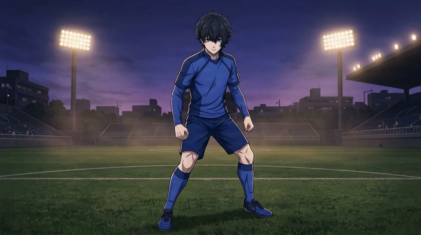 Anime-style portrait of Jin Kiyora from Blue Lock, cel-shaded, soccer atmosphere