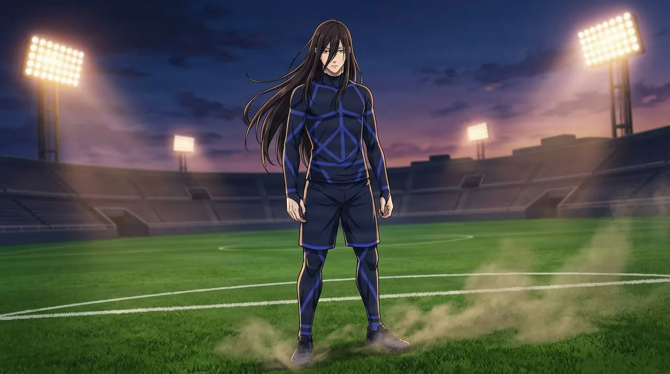 Anime-style portrait of Jyubei Aryu from Blue Lock, cel-shaded, soccer atmosphere