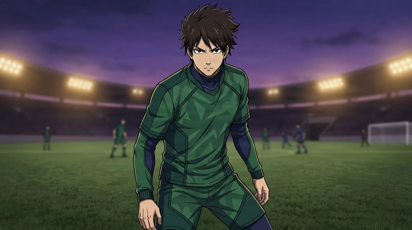 Anime-style portrait of Kei Shishiya from Blue Lock, cel-shaded, soccer atmosphere