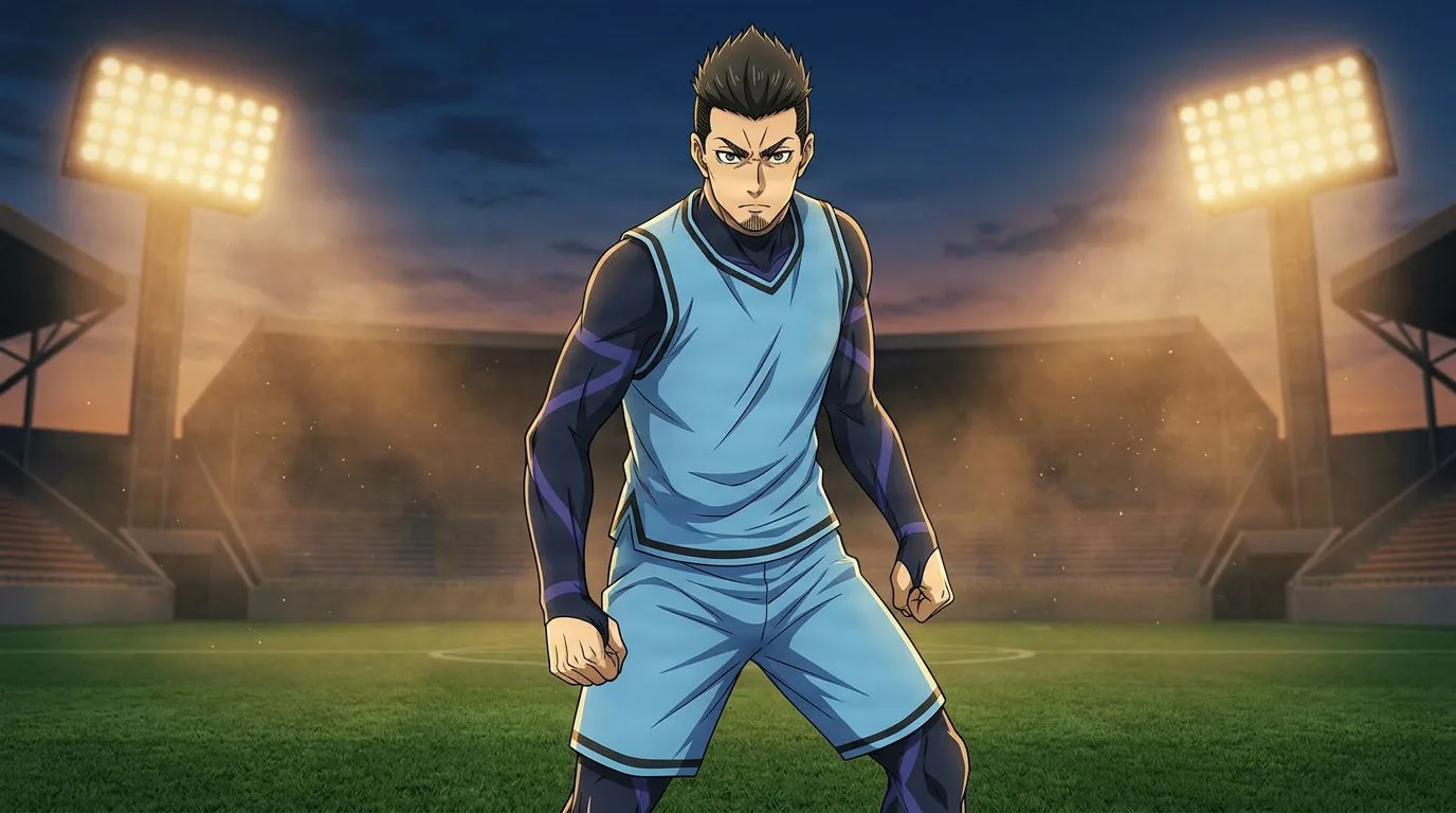 Anime-style portrait of Okuhito Iemon from Blue Lock, cel-shaded, soccer atmosphere