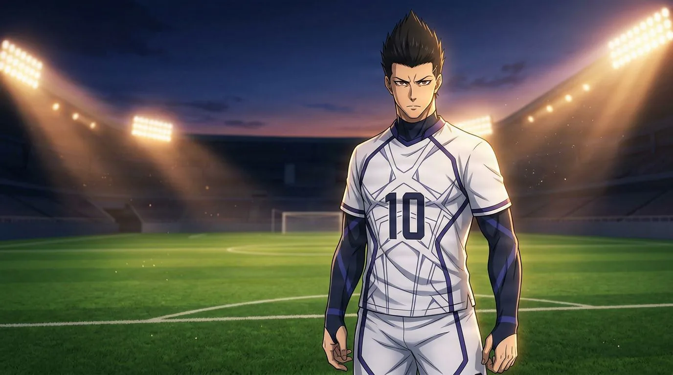 Anime-style portrait of Shoei Baro from Blue Lock, cel-shaded, soccer atmosphere
