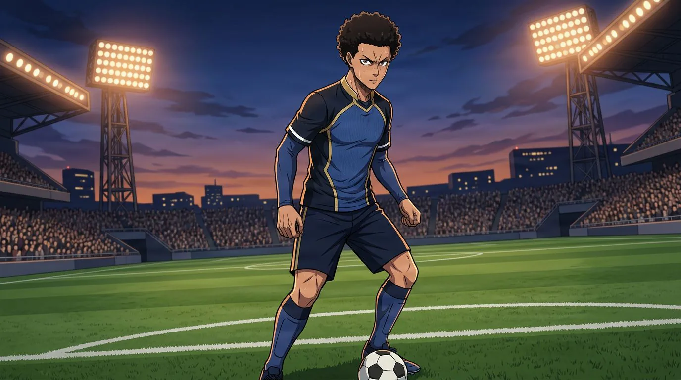 Anime-style portrait of Shohei Inaba from Blue Lock, cel-shaded, soccer atmosphere