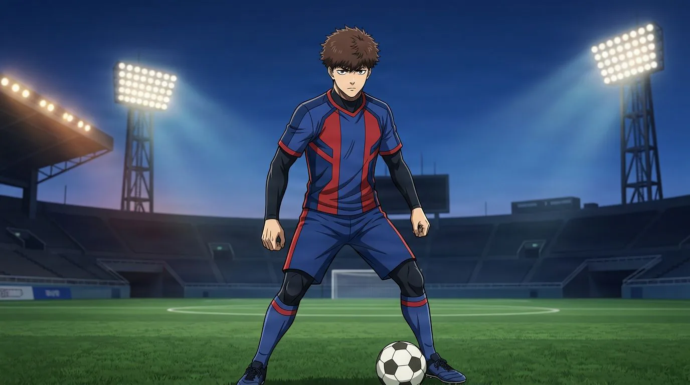Anime-style portrait of Soshi Kagura from Blue Lock, cel-shaded, soccer atmosphere