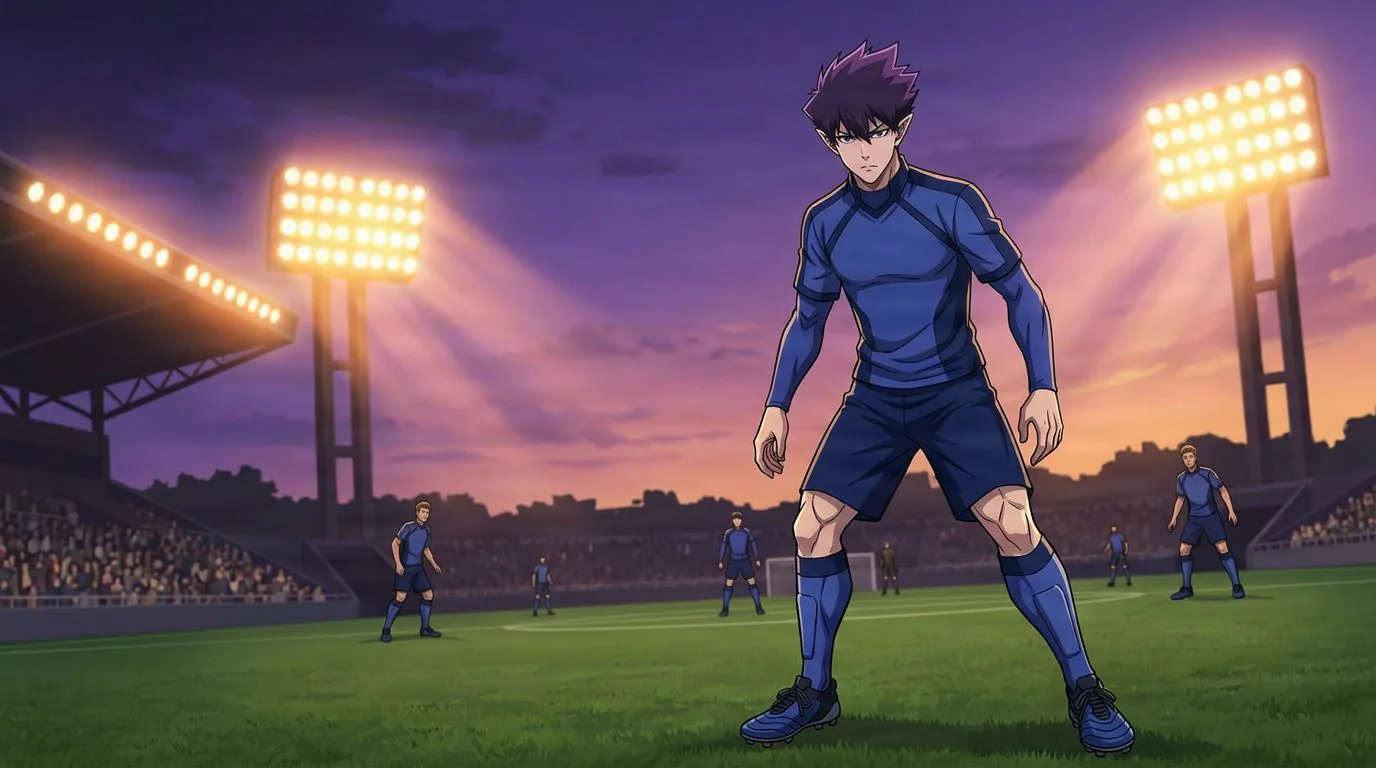 Anime-style portrait of Tabito Karasu from Blue Lock, cel-shaded, soccer atmosphere