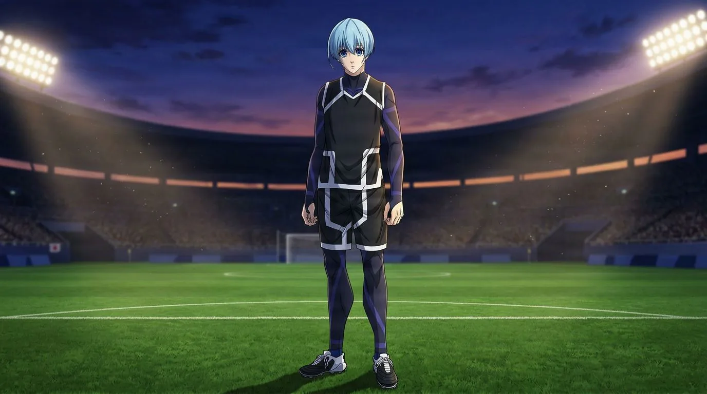 Anime-style portrait of Yo Hiori from Blue Lock, cel-shaded, soccer atmosphere