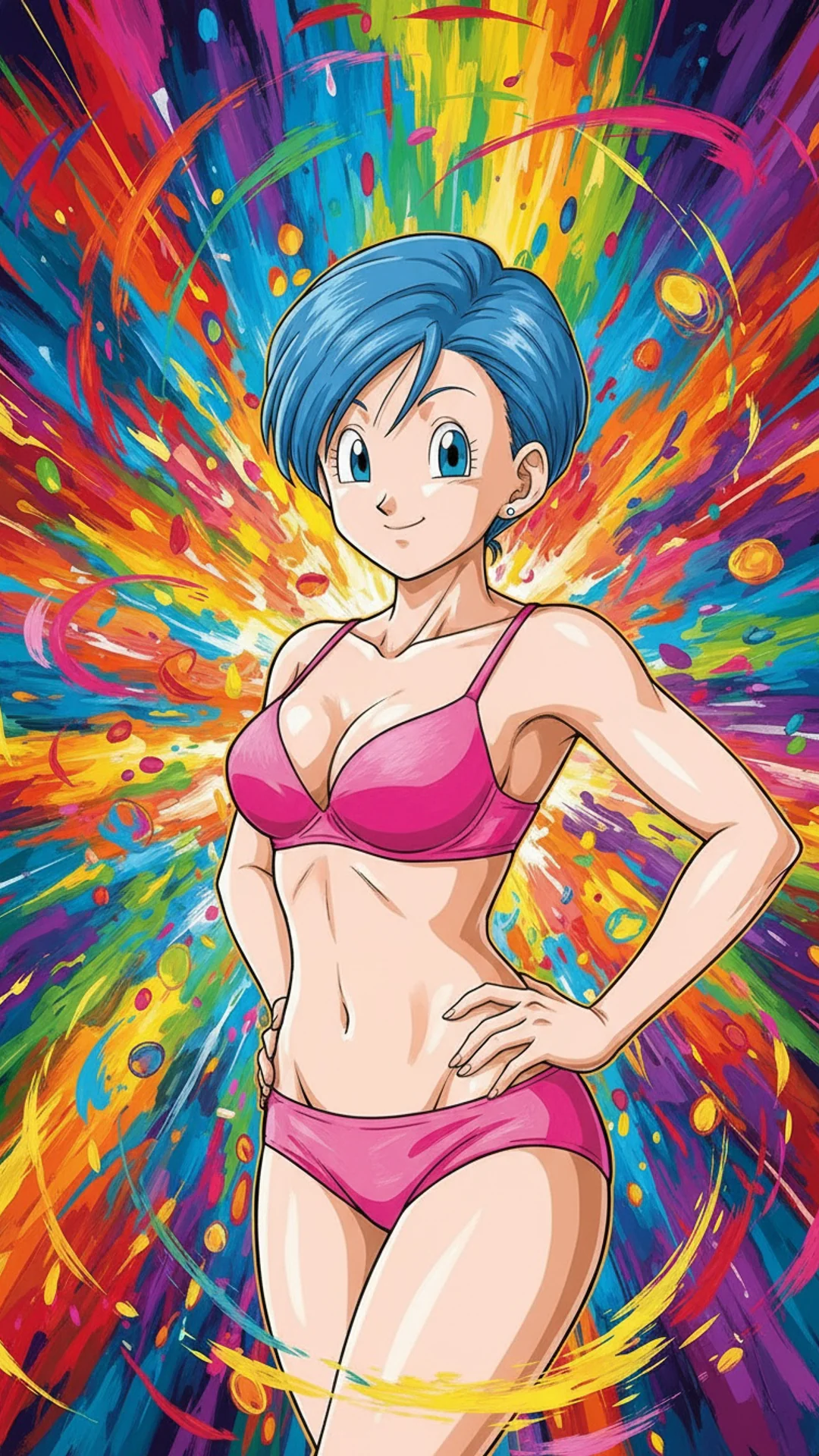 AI Art from Daddy Jim Headquarters: Confident anime woman with short blue bob hairstyle in pink bra and panties, artistic digital illustration