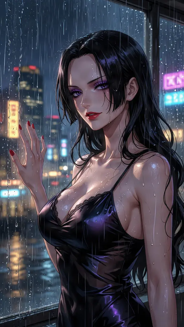 Boa Hancock from One Piece stands in a wet black slip dress, gazing alluringly over her shoulder as she rests one hand against a rain-streaked window overlooking glowing city lights.