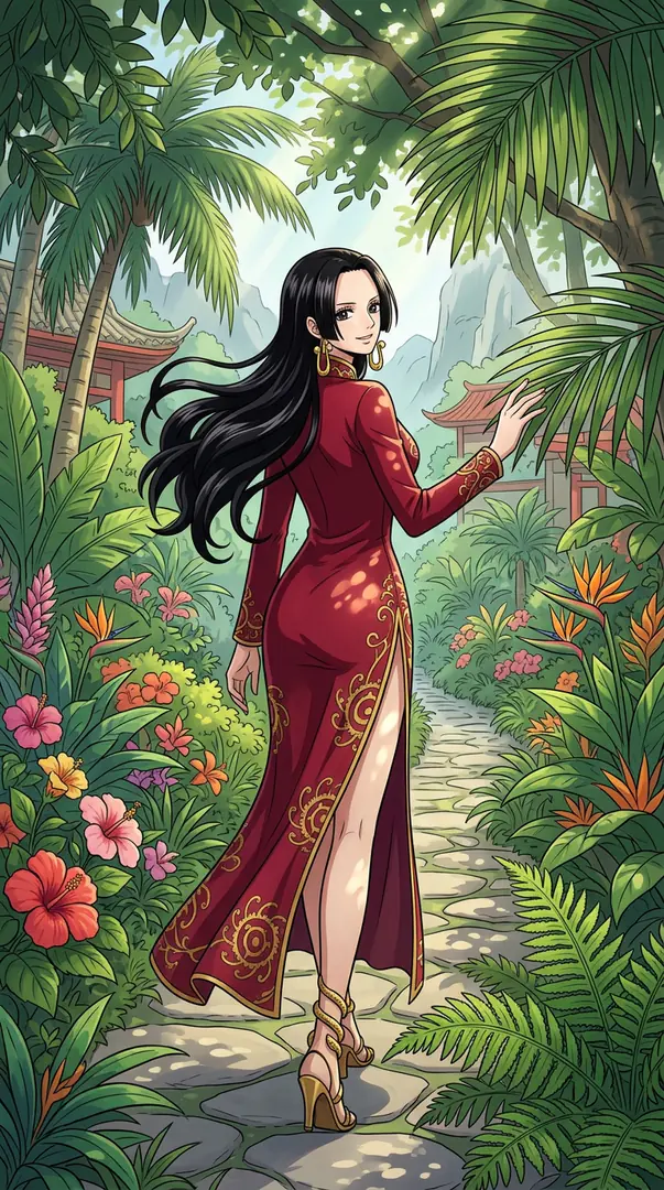 Boa Hancock from One Piece looks back over her shoulder as she walks down a stone path through a lush tropical garden, wearing a long red dress with gold patterns and a high thigh slit.
