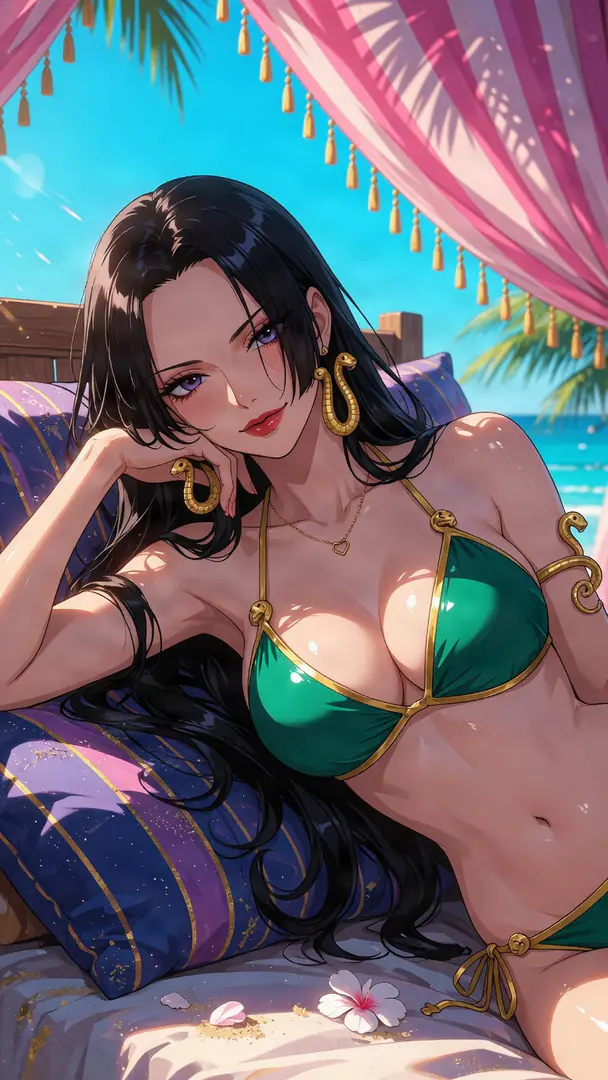 Boa Hancock from One Piece reclines on colorful pillows under a pink striped beach canopy, wearing a green bikini adorned with gold snake jewelry.