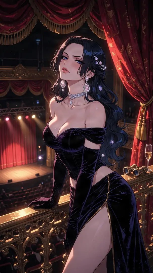 Boa Hancock from One Piece leans elegantly against an ornate theater balcony railing, wearing a glamorous dark velvet outfit with a high-slit skirt and sparkling diamond jewelry.