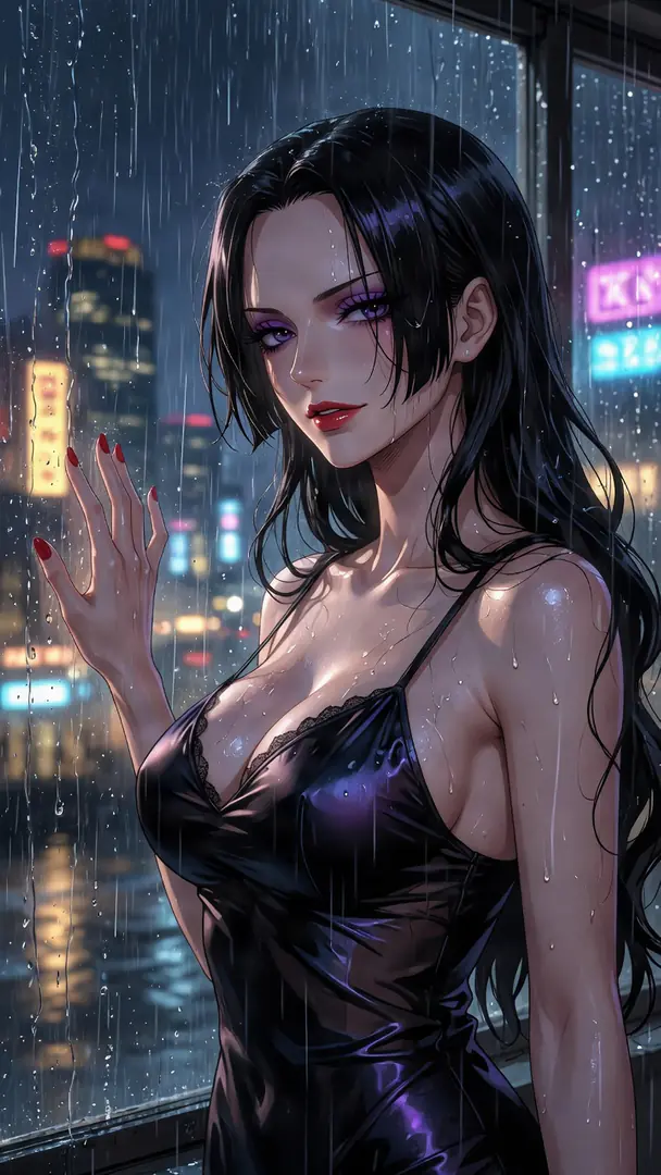 Boa Hancock from One Piece stands soaking wet in a black slip dress, resting her hand on a rain-streaked window that overlooks a blurred, neon-lit city at night.