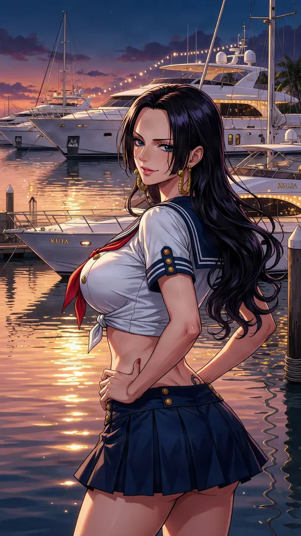 Boa Hancock from One Piece poses confidently in a cropped sailor uniform, looking over her shoulder at a marina filled with yachts during a golden sunset.