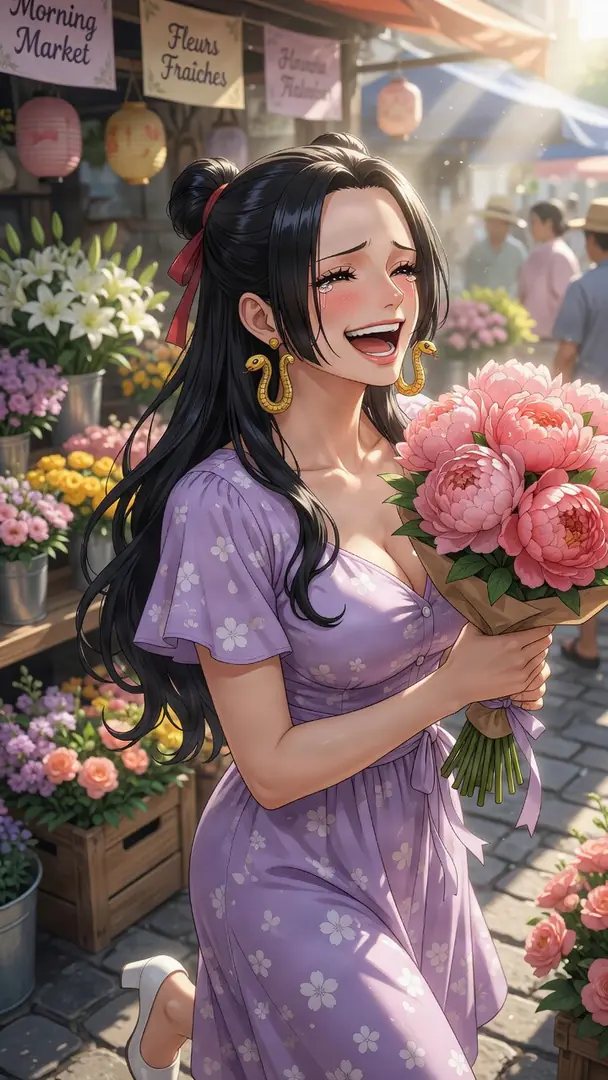Boa Hancock from One Piece, wearing a light purple floral dress and gold snake earrings, laughs with joyful tears while holding a large bouquet of pink flowers in a sunny outdoor market.