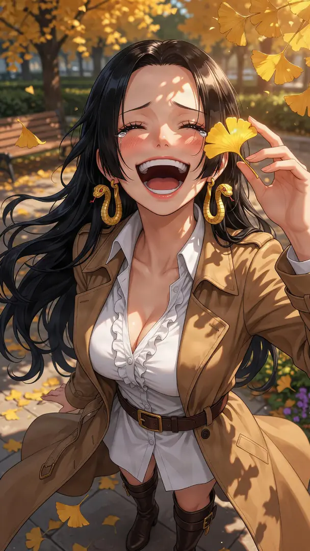 Boa Hancock from One Piece laughs joyously with happy tears in her eyes as she holds a yellow ginkgo leaf in a sunlit autumn park, wearing a white ruffled shirt, a brown trench coat, and gold snake earrings.