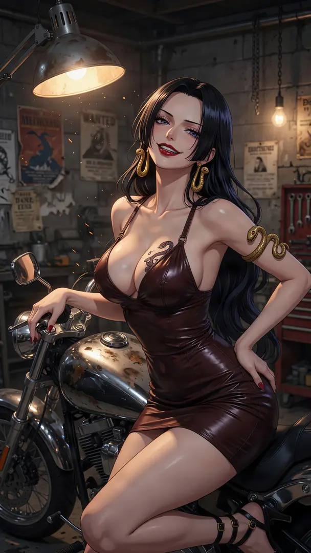 Boa Hancock from One Piece smiles confidently while posing on a motorcycle in a dimly lit garage, wearing a tight brown leather dress and gold snake jewelry.