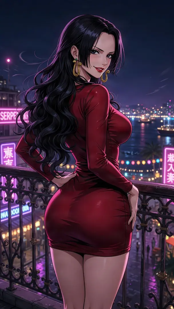 Boa Hancock from One Piece, wearing a form-fitting red dress and gold snake earrings, looks back over her shoulder with a confident smile from a balcony overlooking a vibrant neon-lit city at night.