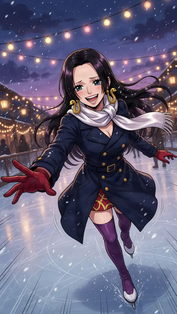 Boa Hancock joyfully reaches a red-gloved hand forward while ice skating outdoors under falling snow and festive string lights, dressed in a dark blue winter coat, white scarf, and purple thigh-high boots.