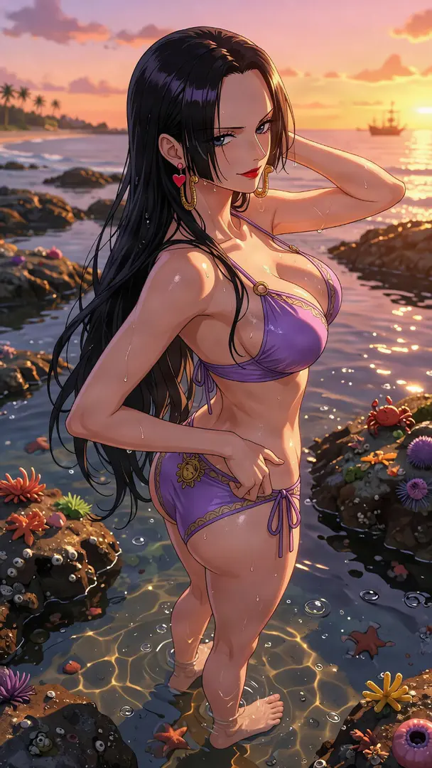 Boa Hancock from One Piece stands ankle-deep in a rocky tide pool at sunset, looking back over her shoulder while wearing a purple bikini.