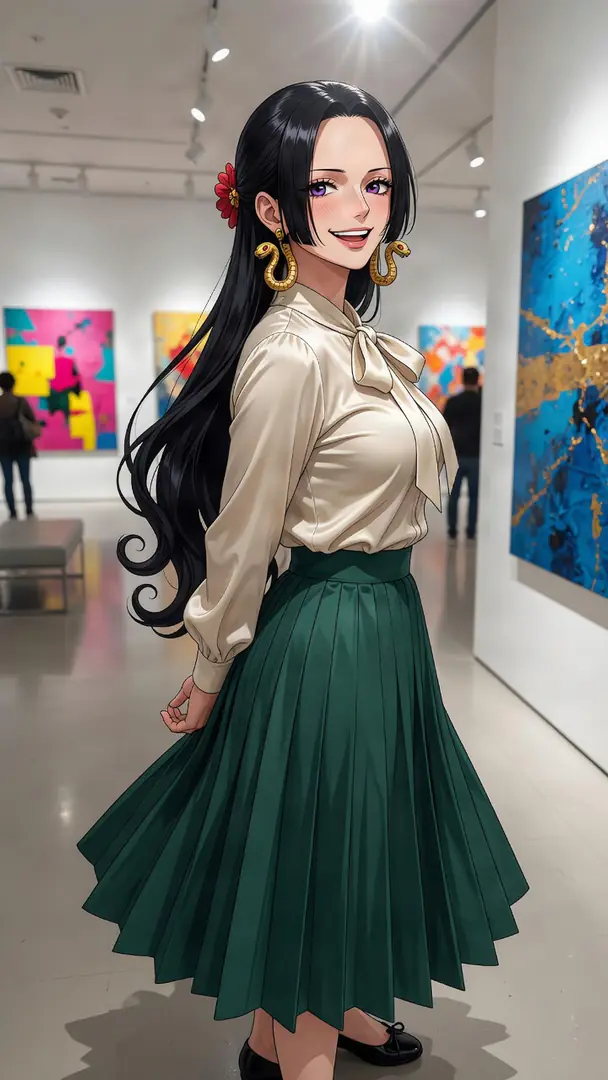 Boa Hancock from One Piece smiles over her shoulder in an art gallery, wearing a cream bow blouse, a green pleated skirt, and gold snake earrings.