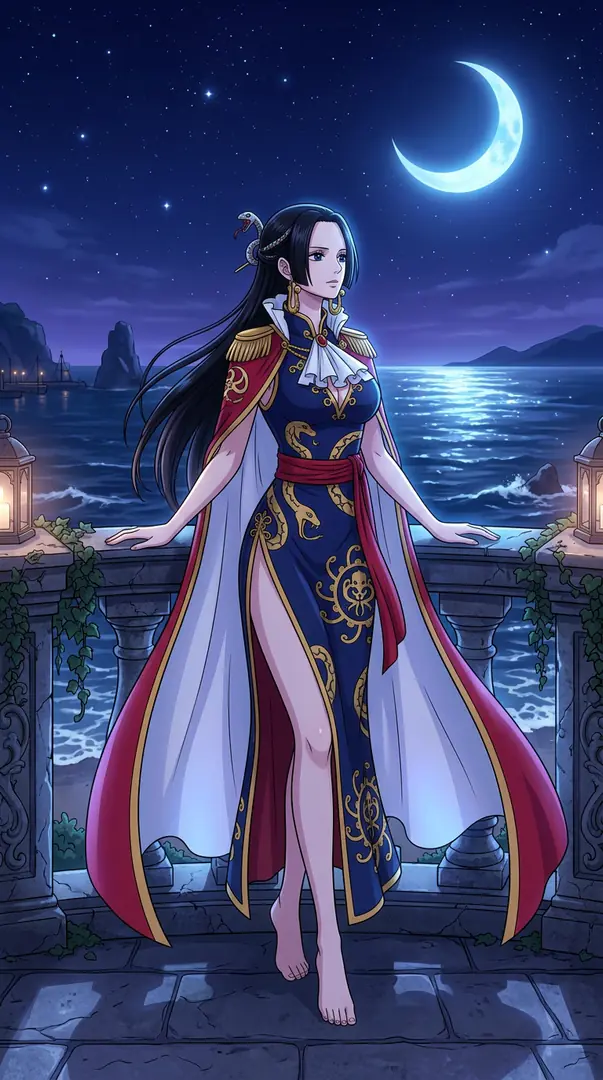 Boa Hancock from One Piece stands barefoot on a stone balcony overlooking a moonlit ocean, wearing a flowing red cape and a high-slit blue dress decorated with gold snakes.