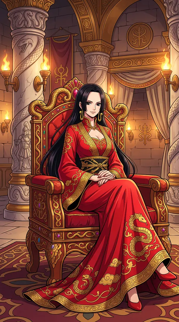 Boa Hancock from One Piece sits regally on an ornate gold and red throne inside a grand, torch-lit stone hall, wearing a flowing red dress detailed with golden snake patterns.