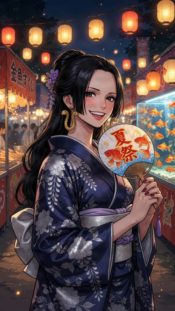 Wearing a dark blue floral kimono and gold snake earrings, Boa Hancock smiles while holding a goldfish fan at a lively, lantern-lit night festival.