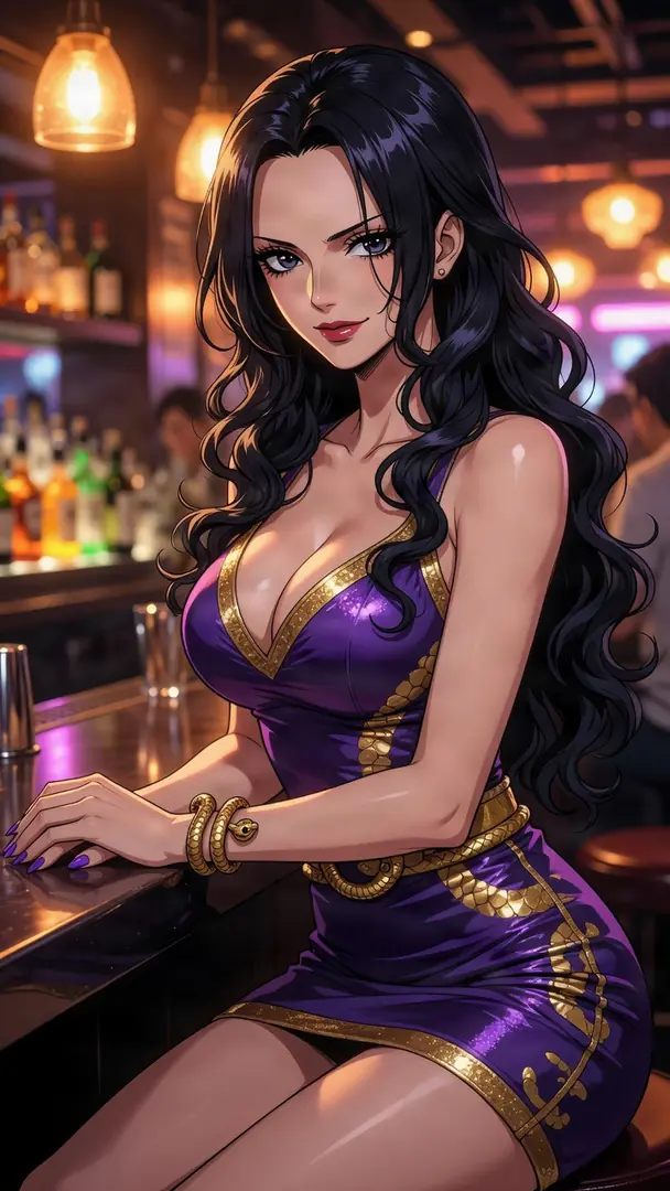 Boa Hancock from One Piece sits gracefully at a dimly lit bar, wearing a form-fitting purple dress with gold scale accents and a coiled snake bracelet.