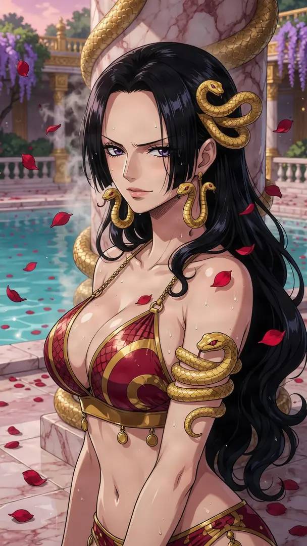 Boa Hancock from One Piece stands by a steamy pool in a red and gold bikini, adorned with golden snake jewelry amidst falling red petals.