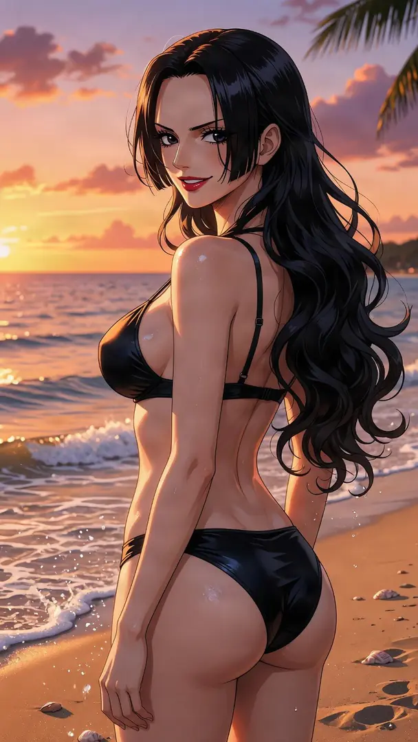 Boa Hancock from One Piece stands on a sandy beach at sunset wearing a black bikini and looking back over her shoulder.