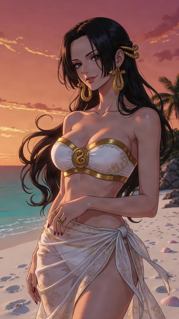 Boa Hancock from One Piece poses on a sandy beach at sunset, wearing a white and gold snake-emblem bikini top, a flowing white sarong, and gold snake earrings.