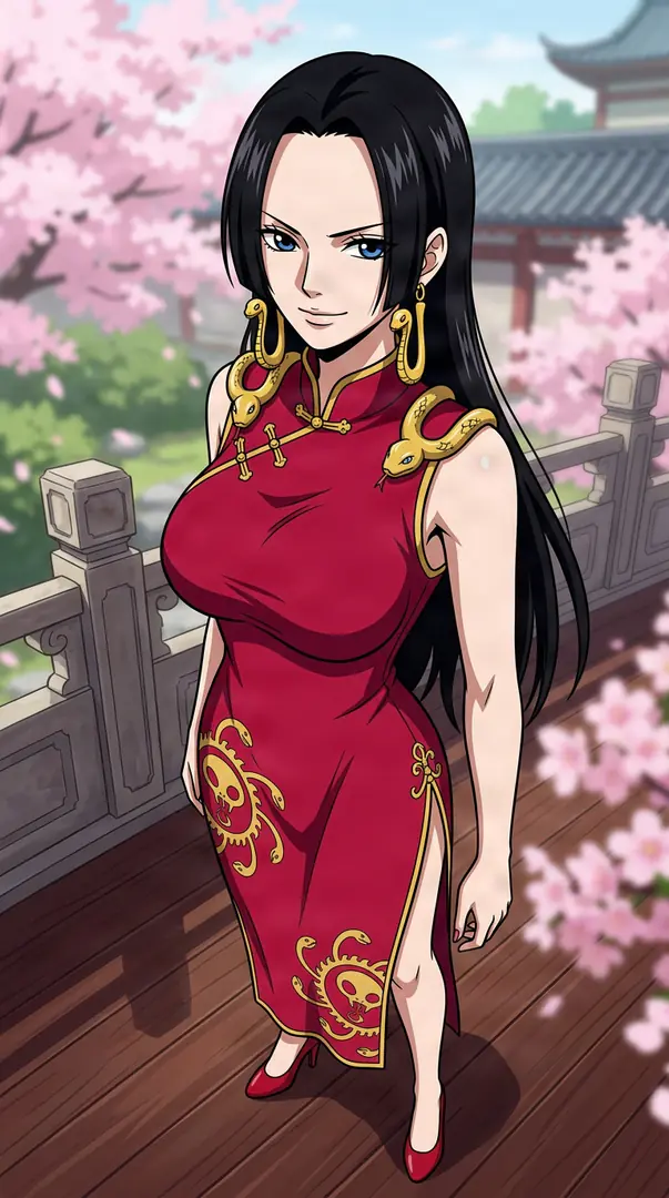 Boa Hancock from One Piece stands on a wooden walkway surrounded by cherry blossoms, wearing a red high-slit dress with gold accents and snake-shaped earrings.