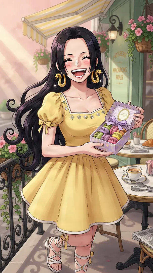 Boa Hancock from One Piece smiles joyfully in a yellow dress while holding an open box of colorful macarons outside a charming cafe.
