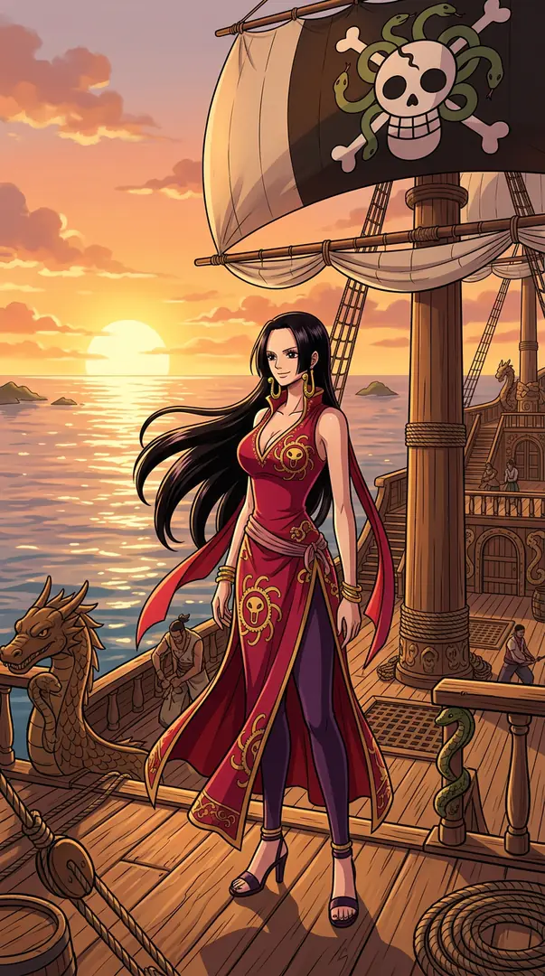 Boa Hancock from One Piece stands confidently in a red dress on the wooden deck of a pirate ship beneath a skull and snake flag against a beautiful ocean sunset.