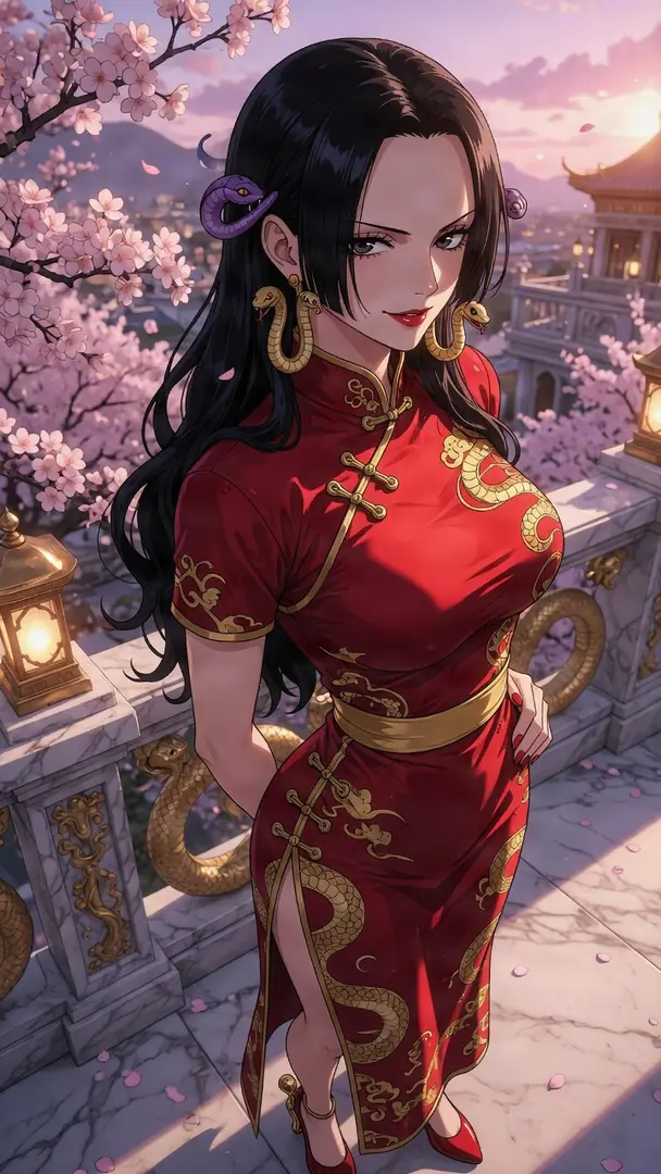 Boa Hancock from One Piece poses on a marble balcony wearing a red cheongsam with gold patterns, surrounded by blooming cherry blossoms under a twilight sky.