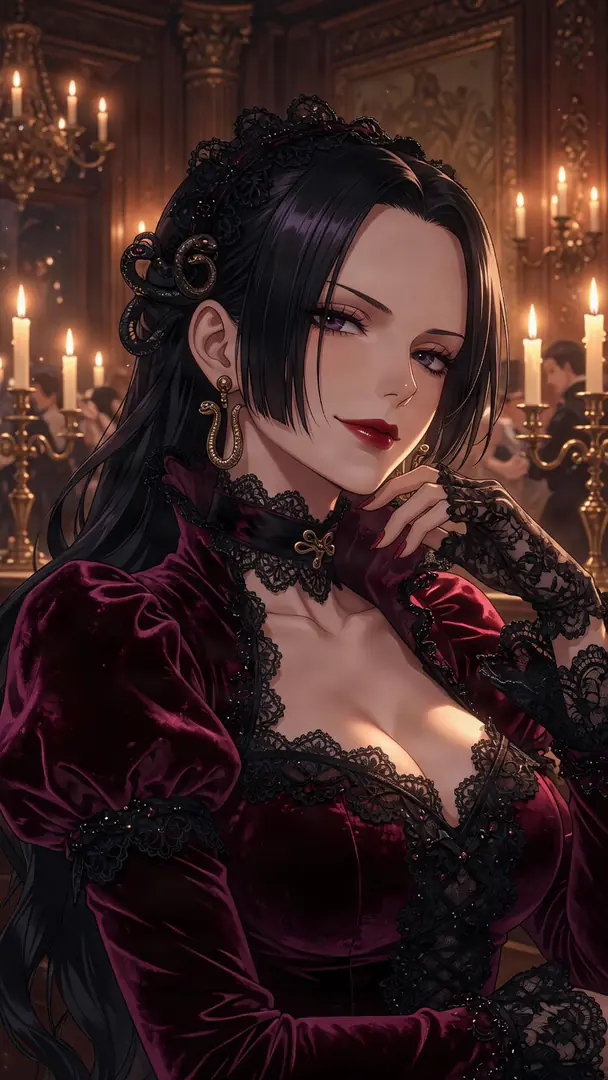 Boa Hancock from One Piece smiles confidently in an elegant candlelit setting, adorned in a deep burgundy velvet dress with black lace details and gold snake jewelry.