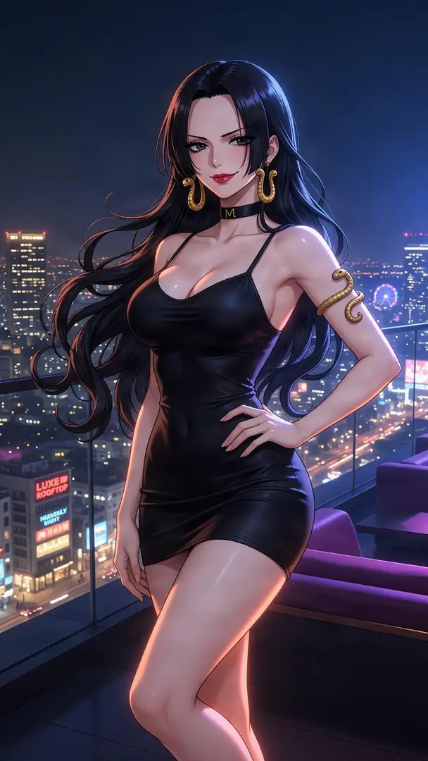 Boa Hancock from One Piece poses confidently on a balcony overlooking a glowing nighttime cityscape while wearing a sleek black mini dress and gold snake jewelry.