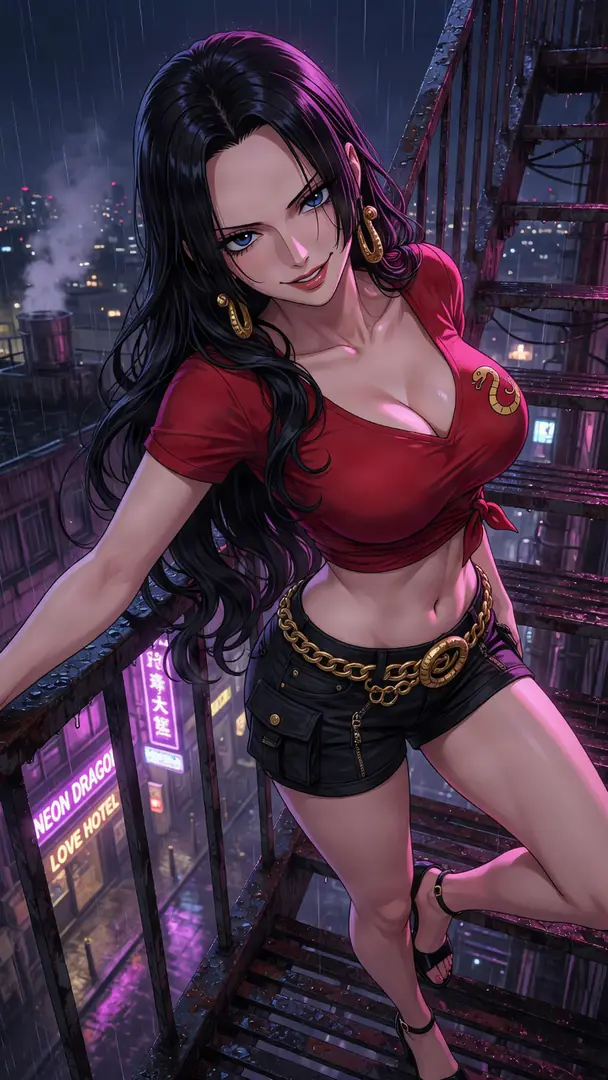 Boa Hancock from One Piece leans against a wet metal fire escape overlooking a rainy, neon-lit city street while wearing a red crop top, black shorts, and gold snake earrings.