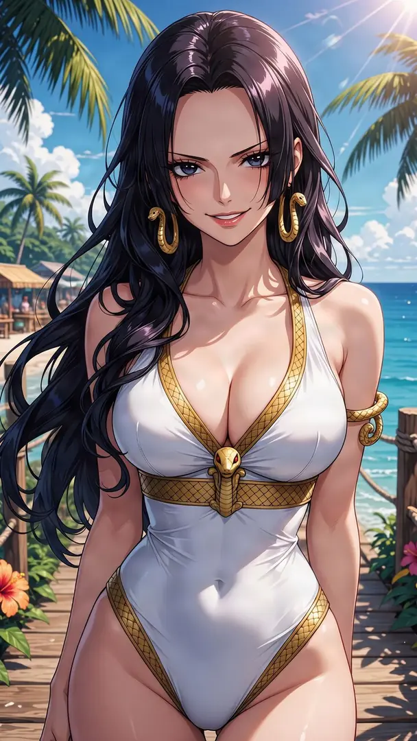 Boa Hancock from One Piece stands on a sunny tropical boardwalk wearing a white one-piece swimsuit detailed with gold snake accents.