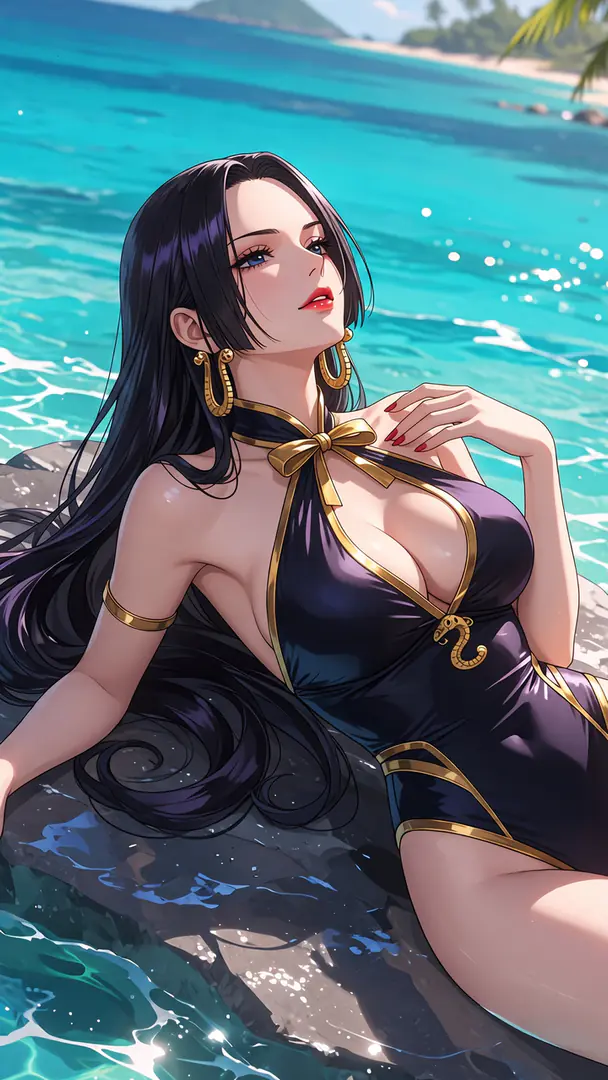 Boa Hancock from One Piece reclines gracefully on a sunlit rock by a sparkling turquoise ocean, wearing a dark purple swimsuit with gold accents.