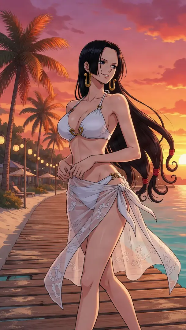 Boa Hancock from One Piece stands gracefully on a wooden pier at sunset wearing a white bikini and a sheer sarong.