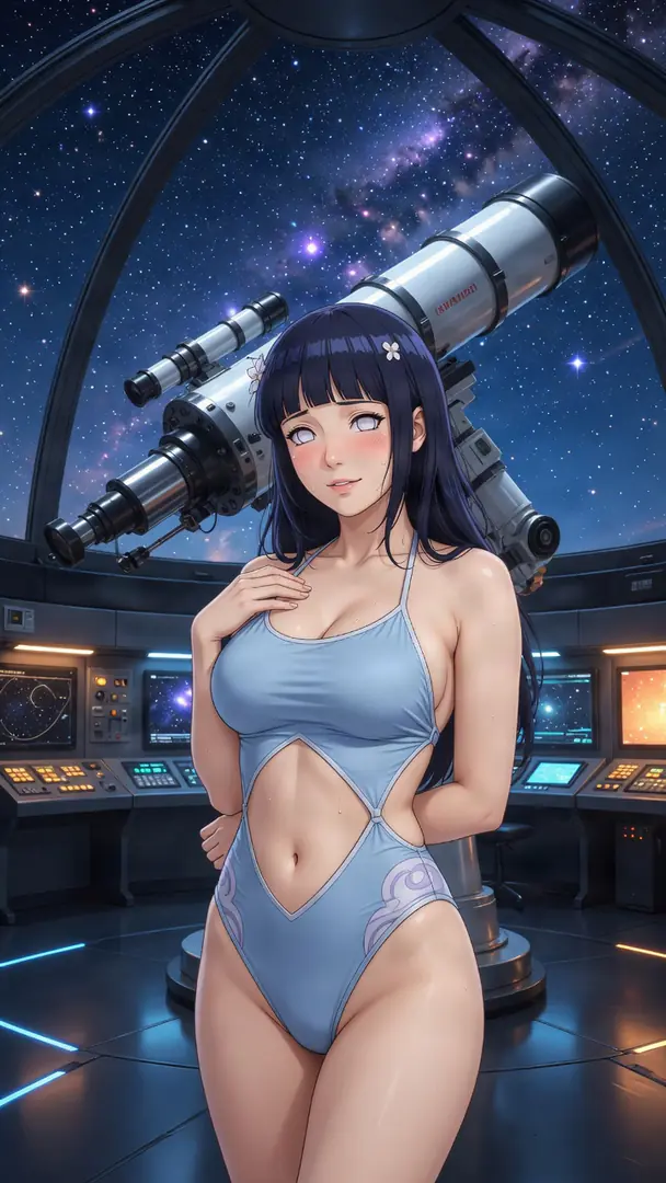 Boa Hancock from One Piece poses in a light blue cutout swimsuit inside a futuristic observatory featuring a large telescope and glowing control panels beneath a starry night sky.