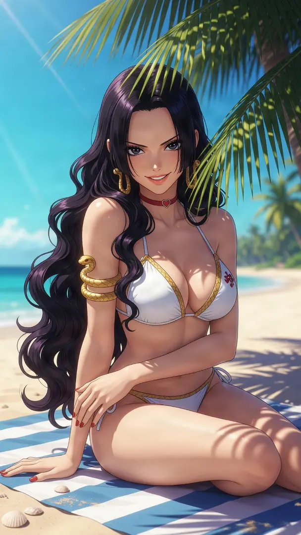 Boa Hancock from One Piece sits smiling on a blue and white striped towel on a sunny beach, wearing a white bikini with gold trim and snake accessories.
