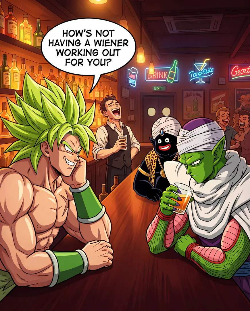 At a bar, a smug Broly from Dragon Ball asks an irritated Piccolo, "HOW'S NOT HAVING A WIENER WORKING OUT FOR YOU?" while the bartender and Mr. Popo laugh in the background.