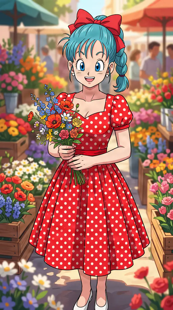 Bulma from Dragon Ball smiles brightly in an outdoor flower market while holding a colorful bouquet, wearing a red dress with white polka dots and a matching hair bow.