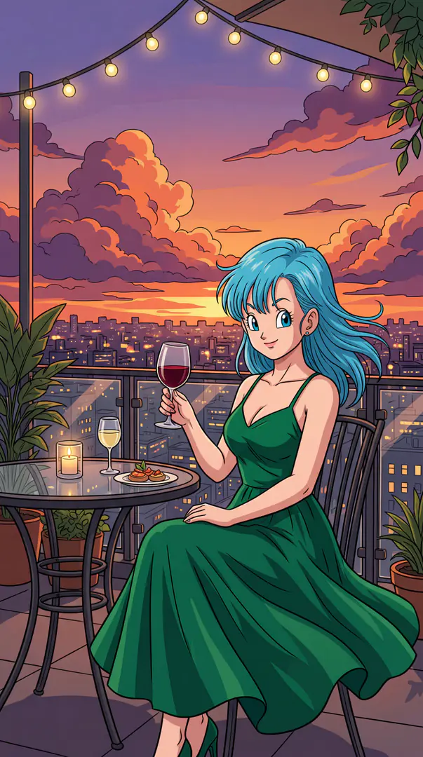 Wearing a flowing green dress, Bulma from Dragon Ball smiles as she holds a glass of red wine on a balcony overlooking a city sunset.